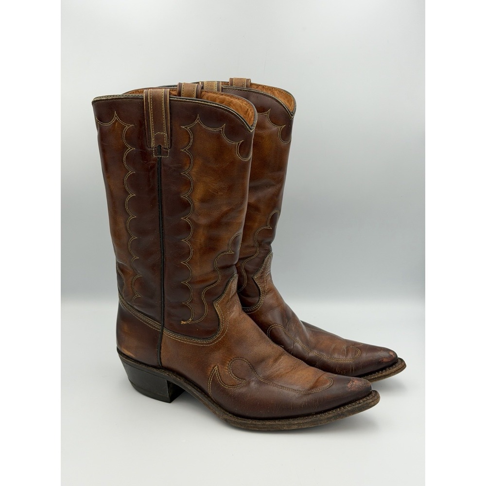 Vintage Texas Cowboy Boots Mens 10D Brown Leather Upper Western Festival USA